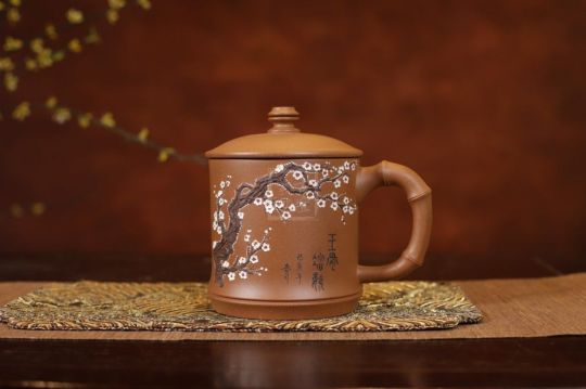 《竹節蓋杯-泥繪梅花款》紫砂壺實(shí)力派名家手工宜興茶壺茶具段泥
